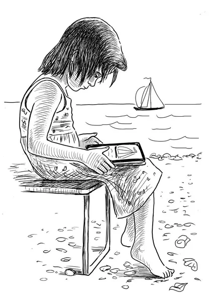 Dibujo a lápiz de una niña en la orilla del mar — Foto de Stock