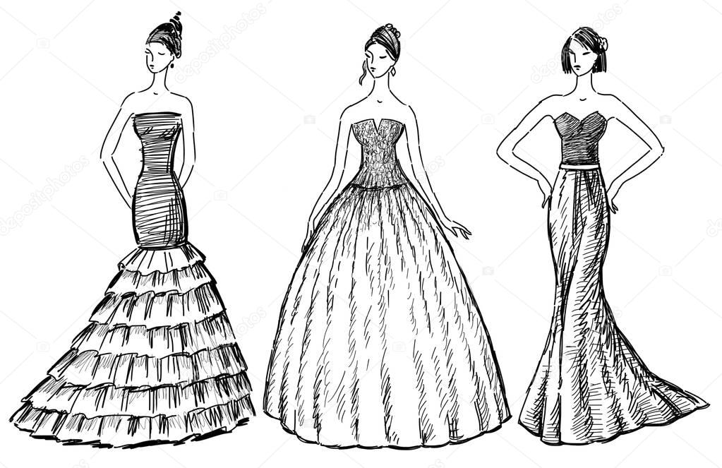 sketches of the ladies in thr evening dresses