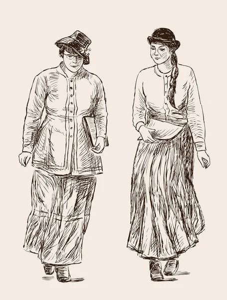 Les femmes dans les costumes vintage des élèves ollege — Image vectorielle