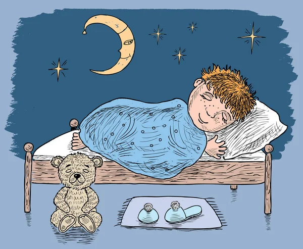 Маленький хлопчик спить у ліжку — стоковий вектор
