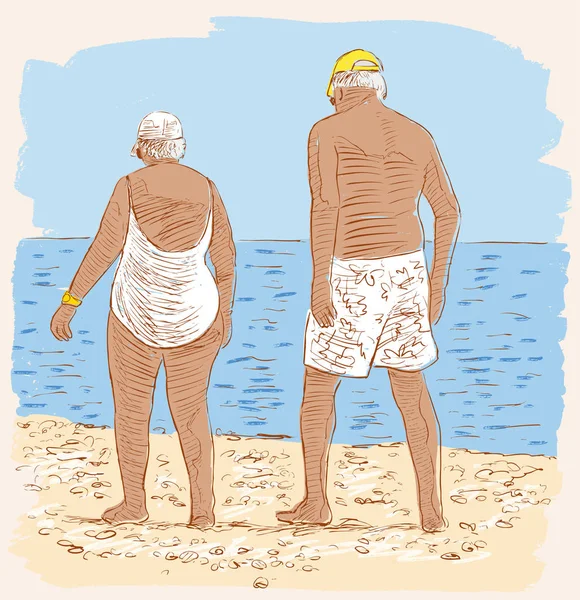 Elderly spouses on the beach — Stock Vector