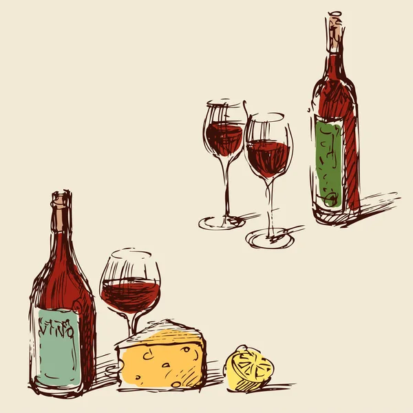 와인 잔과 와인 병의 스케치 — 스톡 벡터