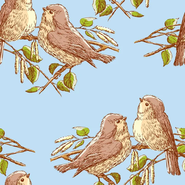 De vogels zitten op een tak in een lentedag — Stockvector