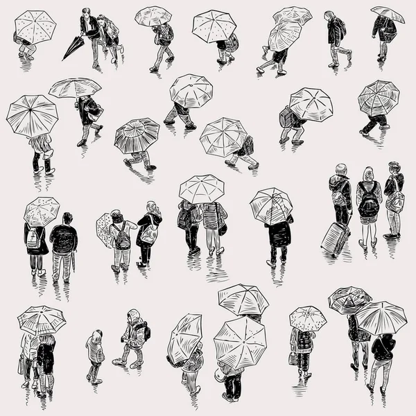 Σκίτσα του οι κάτοικοι της πόλης στο βροχερό καιρό — Διανυσματικό Αρχείο