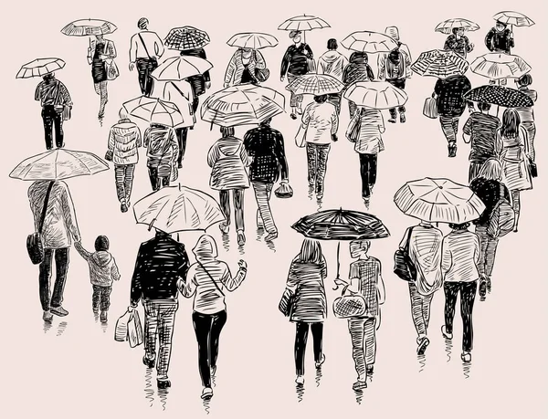 Schets van de stedelingen wandelen in de regen — Stockvector