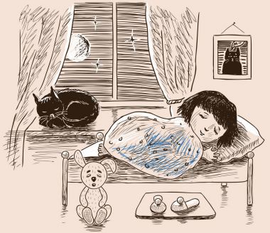 Küçük bir kız onu odasında uyuyor