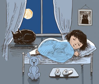 Küçük bir kız ve onu kedi uyuyor musun