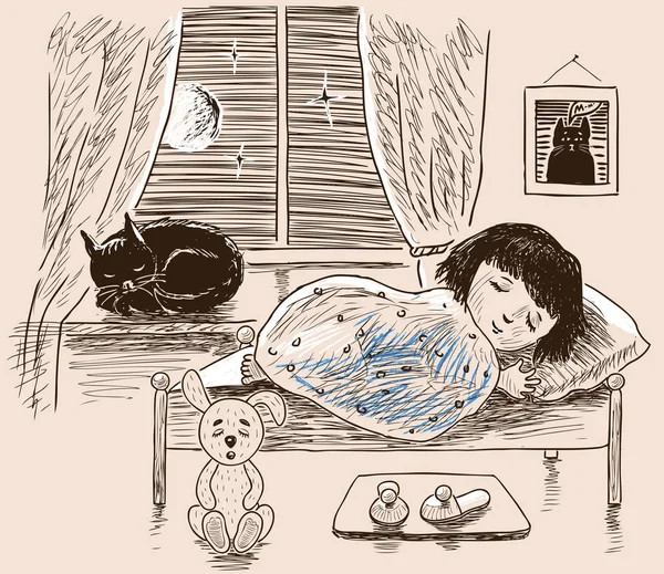 Küçük bir kız onu odasında uyuyor