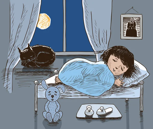 Маленькая девочка и ее кошка спят — стоковый вектор