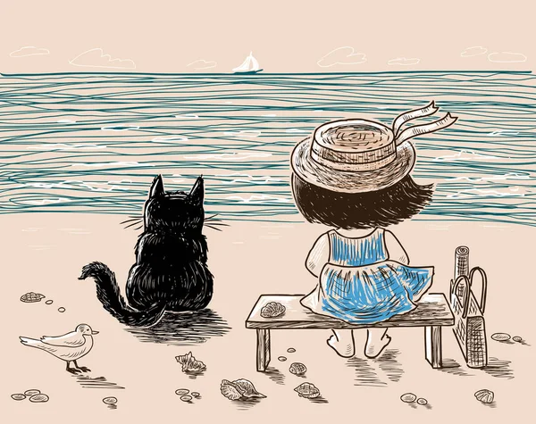 Una niña y su gato descansan en la orilla del mar — Archivo Imágenes Vectoriales