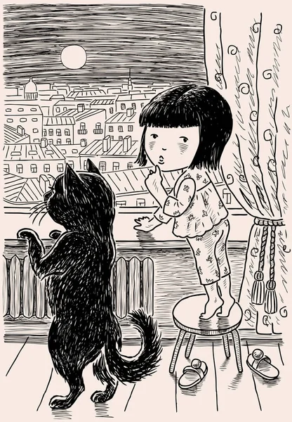 Uma menina e seu gato estão olhando para a cidade da noite —  Vetores de Stock