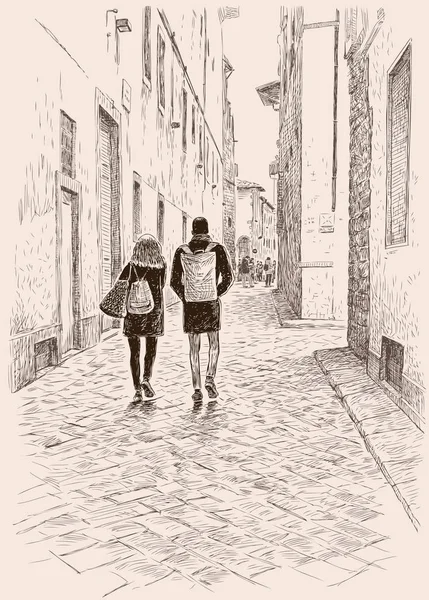 Unga stadsborna promenader i gamla stan — Stock vektor