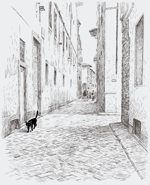 Svart katt promenader i gamla stan — Stock vektor