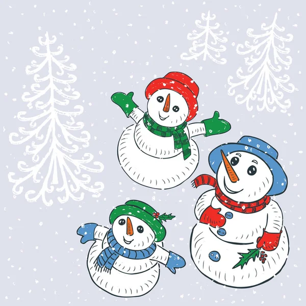 Snowmen Family Looking Snowfall — Stock Vector