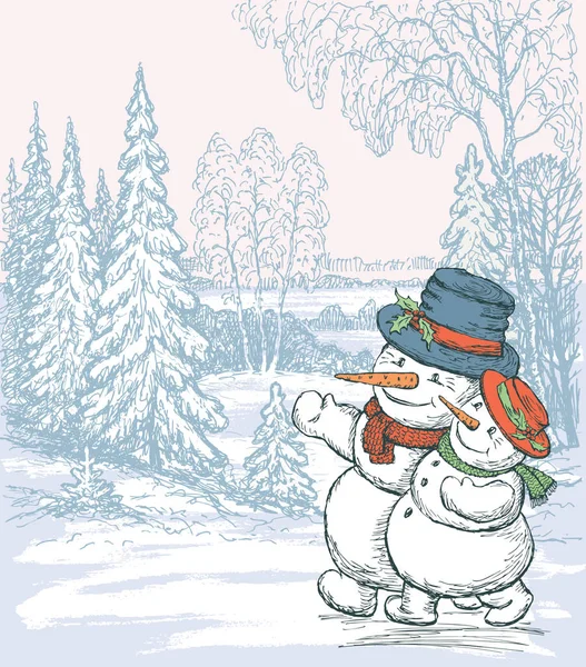 Couple Happy Snowmen Winter Forest — Stock Vector