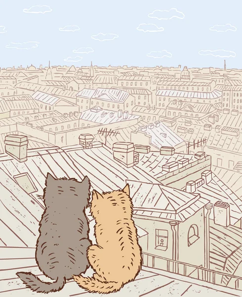 Deux Chats Ville Assis Sur Toit — Image vectorielle