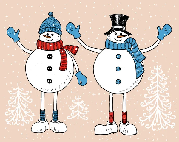 Couple Cheerful Snowmen Christmas Time — Stock Vector