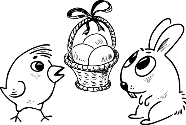 Cesta Pascua Con Los Huevos Conejo Pascua Polluelo — Vector de stock