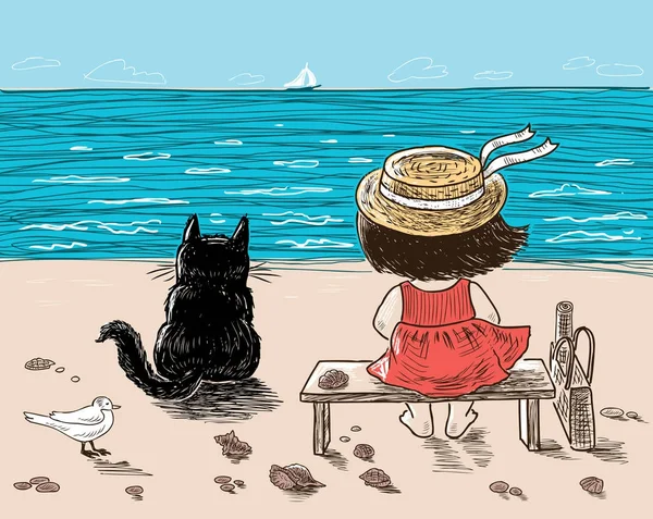 Uma Menina Seu Gato Estão Sentados Praia — Vetor de Stock