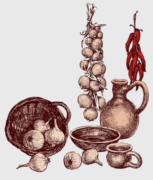 Натюрморт Овочами Керамічним Посудом Всі Єкти Ізольовані — стоковий вектор
