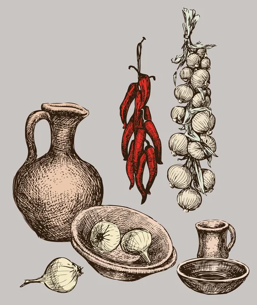 Nature Morte Poterie Légumes Tous Les Objets Isolés — Image vectorielle