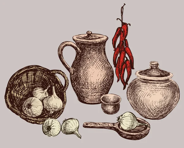 Натюрморт Керамічного Посуду Овочів — стоковий вектор