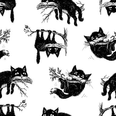Kedilerin ağaç dalları üzerinde desen