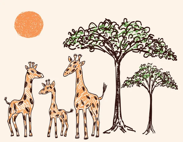 长颈鹿家庭在热的大草原 — 图库矢量图片