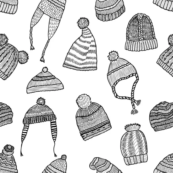 Fond Sans Couture Des Croquis Bonnets Tricotés — Image vectorielle
