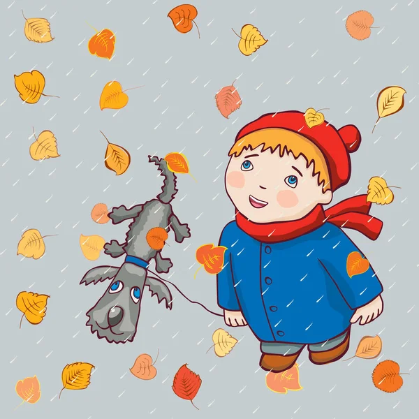 Ein Kind Geht Mit Seinem Hund Herbstregen Spazieren — Stockvektor