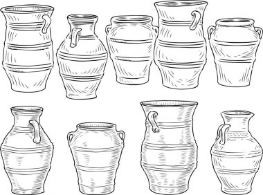 Bir dizi çeşitli Yunan kil tencere