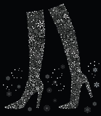 Süslü kar tanelerinden alınmış kadın botları olan vektör kartı.