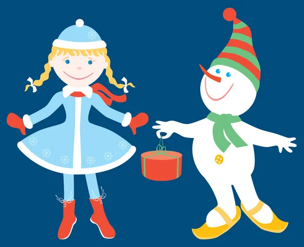 Vector Image Cheerful Cartoon Snow Maiden Snowman Gift — Stock Vector