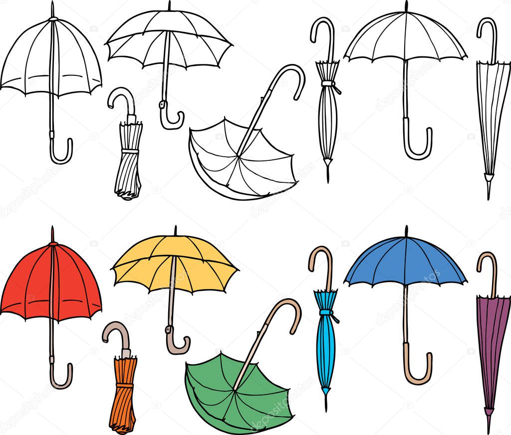 Vector drawings of various umbrellas