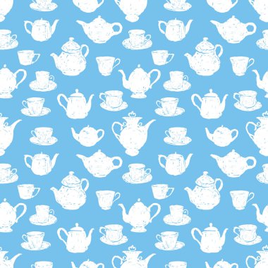 Çizimlerin kusursuz arkaplanı Çay fincanları ve çaydanlıklar