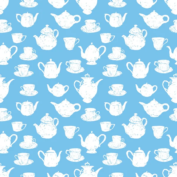 Безшовний Фон Ескізів Чашок Чаю Чайників — стоковий вектор