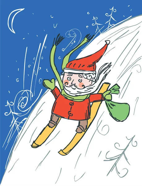 Weihnachtskarte Von Cartoon Weihnachtsmann Mit Geschenktüte Skifahren Vom Berg Bei — Stockvektor