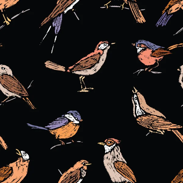 Modèle Sans Couture Divers Oiseaux Sauvages Dessinés — Image vectorielle