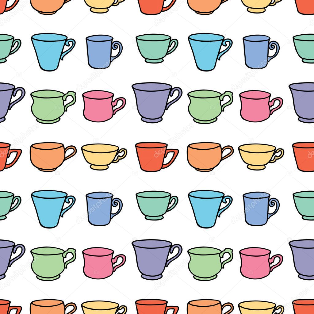 Seamless pattern of set various colrful tea cups