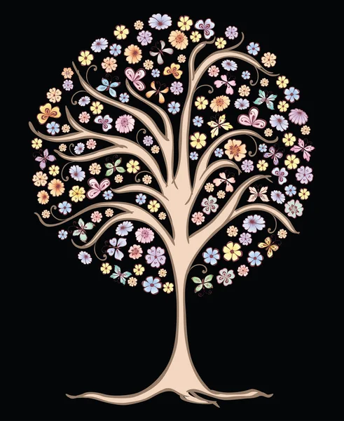 花や蝶の咲く木のベクトルイメージ — ストックベクタ