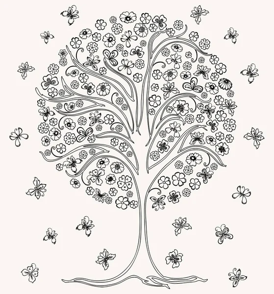 Imagen Vectorial Los Contornos Del Árbol Flor Con Mariposas — Vector de stock