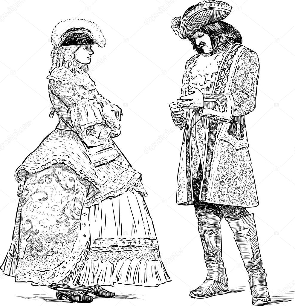 Sketches of noble people in luxury costumes standing and talking