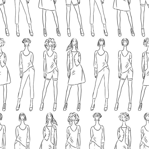 Seamless Pattern Fashionable Slender Women Sketches Summer Clothing Collection — Stok Vektör