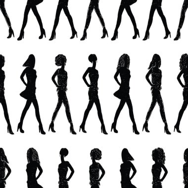 Seamless background of striding slender girls silhouettes