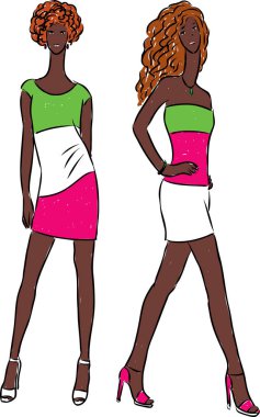 Vector image of young fashionable women in summer dresses