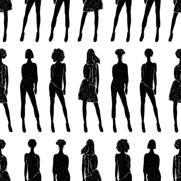 Nahtloser Hintergrund Der Modischen Silhouetten Junger Frauen — Stockvektor
