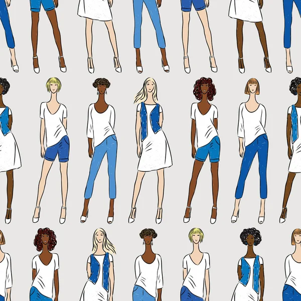 Patrón Sin Costuras Mujeres Jóvenes Dibujadas Moda — Vector de stock