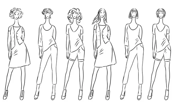 Sketches of fashionable slender women in summer clothing collection