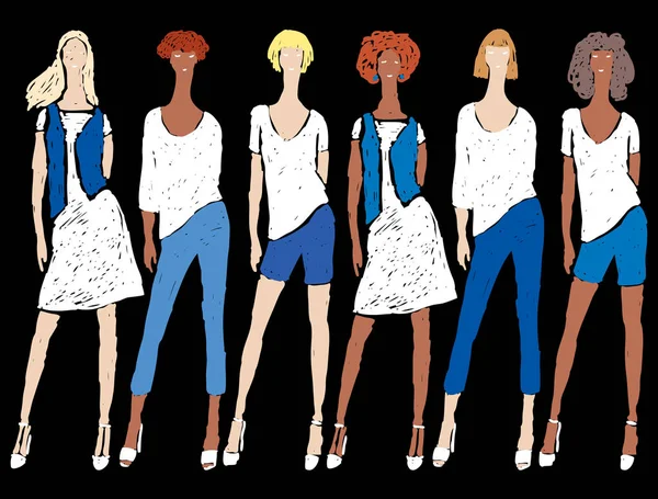 Image Vectorielle Filles Gribouillis Denim Vêtements Été Debout Sur Podium — Image vectorielle