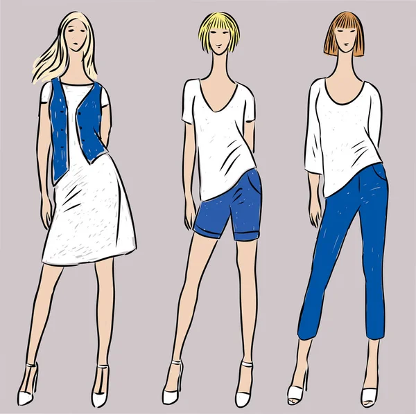 Image Vectorielle Jeunes Femmes Minces Jeans Robe Shirts Gilet Short — Image vectorielle